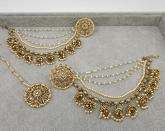 Set di orecchini e tikka in stile Bahubali con Kundan Polki in oro antico, gioielli da sposa indiani e asiatici, catena Kaan, gioielli Bollywood, matrimonio pakistano
