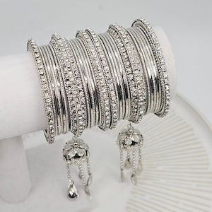 Silver Plated Indian Jhumka Bangle Set - Pack of 26 Bridal Metal