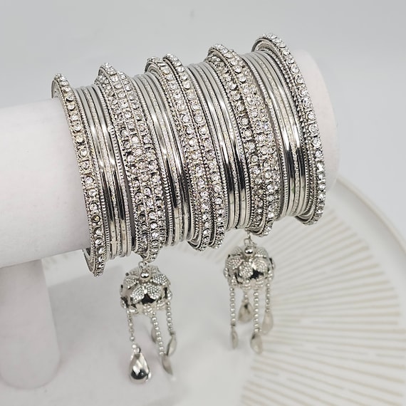 Indian Asian Silver Plated Stone Jhumka Bangles, American