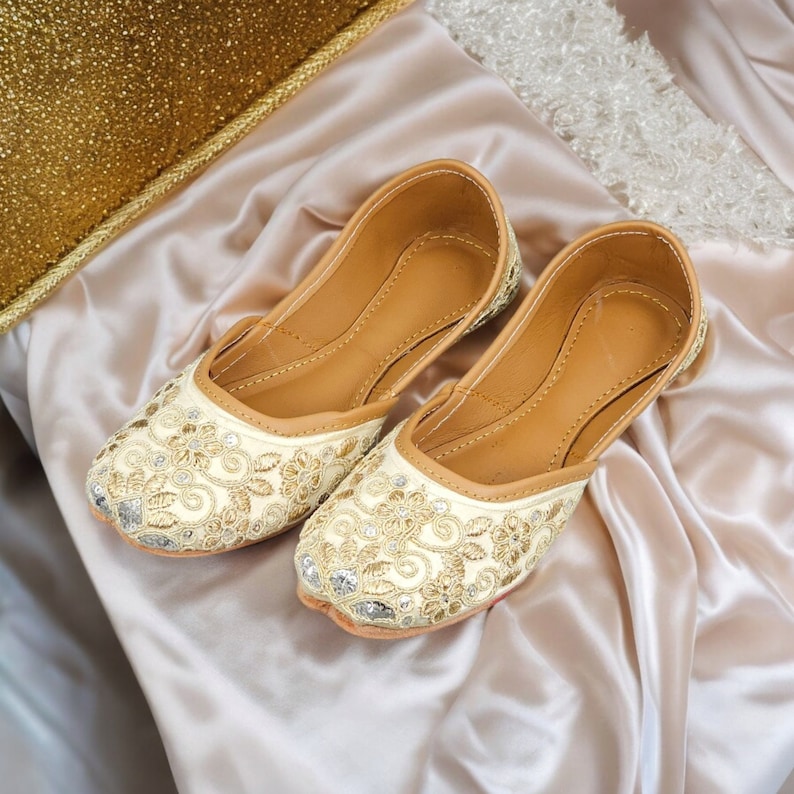 Girls Gold Embroidered Khusa Sandal: Pakistani Indian Jutti image 5