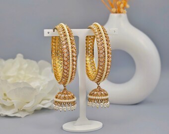 Antique Gold Polki Stone and Pearl Jhumka Bangle Set: Indian Pakistani Wedding Party Bridal Bangles Bollywood Style Bride Bridesmaid Jewelry