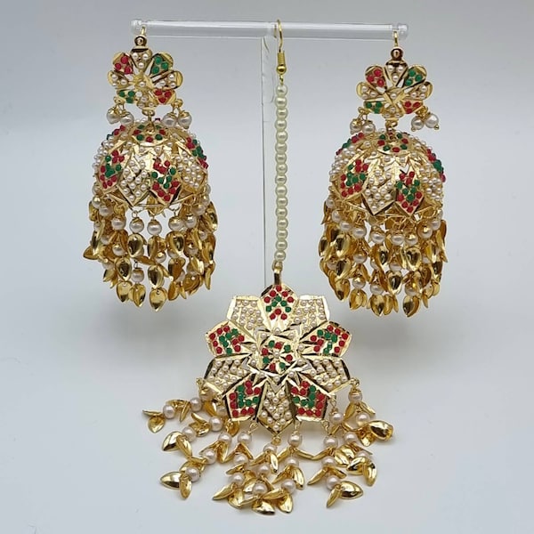 Tikka Set, Jadau Tikka Set,  Earrings, Indian Jewelry, Sangeet, Mehandi, Jhumka earrings, Pakistani Jewelry, Indian Bride, Asian Bride