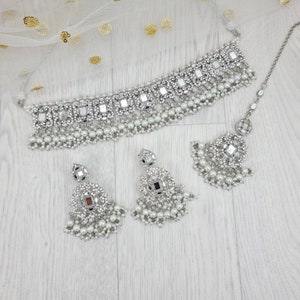 Gloria- Full Silver Choker Set, CZ Choker Set, Bridal Jewelry, Asian Jewelry, Indian Pakistani Jewelry.