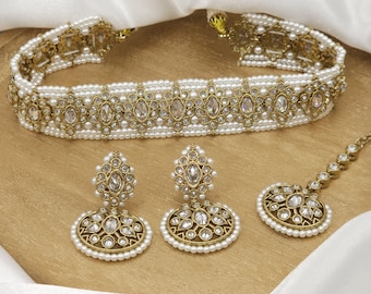 Antique Gold Polki Choker Necklace Set with Earrings and Tikka Indian Pearl Jewelry Indian Wedding Jewellery Set Pakistani Bridal Jewelry