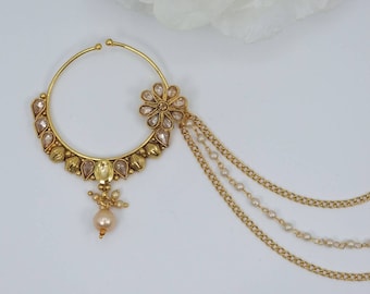 Kundan Polki Nose Ring: Antique Gold Nath with Layered Chain