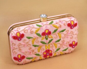 Pink Embroidered Handcrafted Clutch Bag•Indian Clutch•Gold Embroidered Floral Clutch•Gold  Handbag•Gold Evening Purse