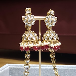 Princes Kundan Jhumka With Mathapatti, Kundan Headband, Kundan Earrings, Jewelry, Earrings Chain, Saharay, Kundan Ear Chains, Gift For Her,
