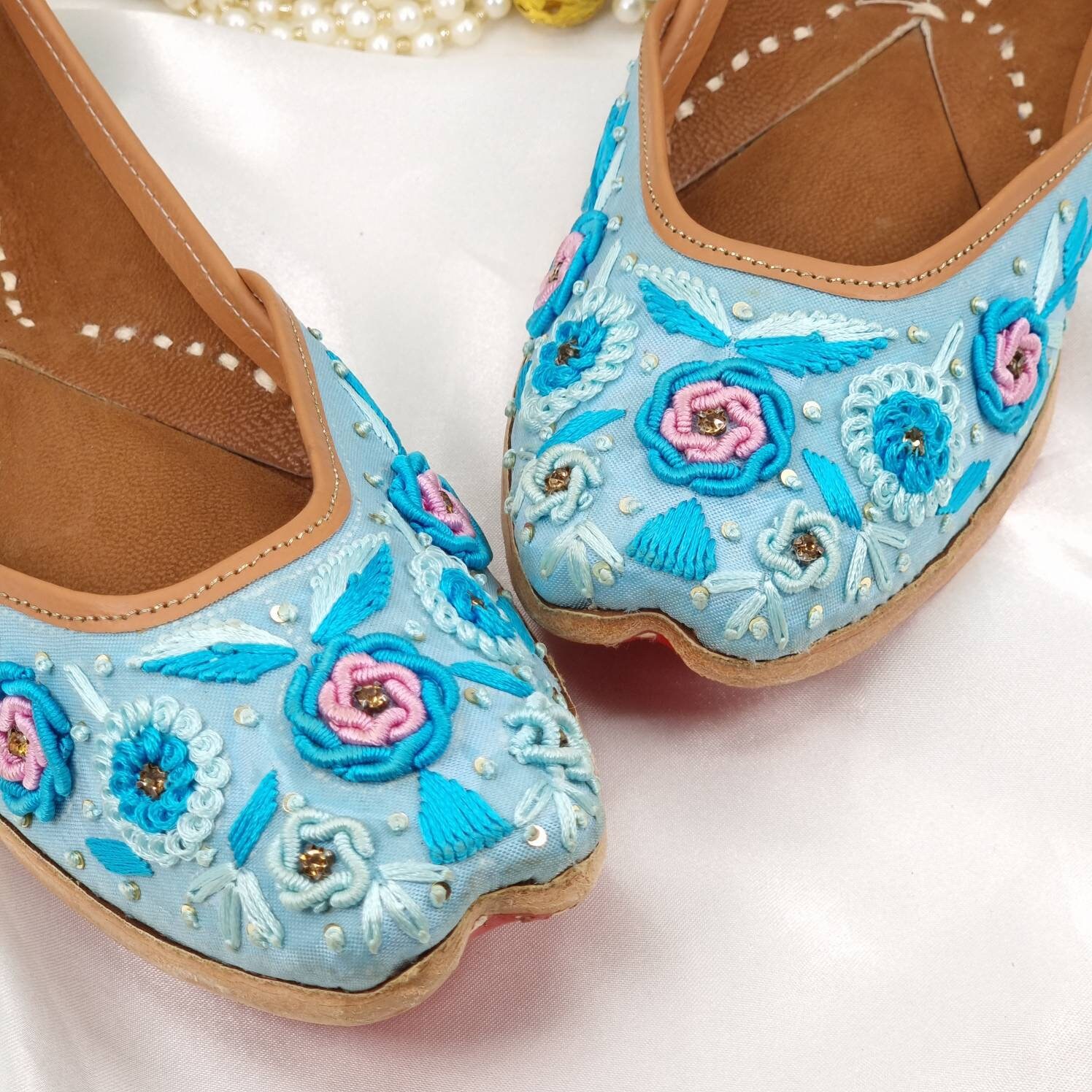 Handmade Floral Punjabi Jutti: Light Blue Embroidered Mojari (size