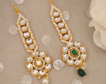 Smaragdgroen vergulde Kundan kralen Maang Tikka, Indiase zendspoel, bruids Tikka, Mehndi sieraden bruidsmeisje bruiloft haar accessoire cadeau