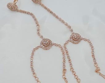 Arnés de mano con diamantes americanos de CZ: pulsera de dedo chapada en oro rosa y plata, hathphool, joyería nupcial para dama de honor, boda india, haath panja