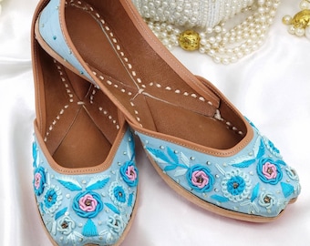 Handmade Floral Punjabi Jutti: Light Blue Embroidered Mojari (Size 4 UK)