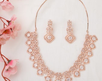 CZ Necklace With Earrings: Indian Bridal Jewelry Party Wear Bridesmaid Jewellery Pakistani Rose Gold Silver Polish Ruby Gemstone Necklace