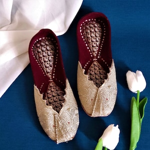 Gold Zari Work Jutti Sandal: Maroon Pakistani Indian Wedding Shoes
