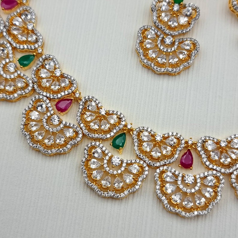 Gold Finish Multi Colour CZ Necklace Set Beautiful Indian AD Jewelry with Earrings for Bridal and Modern Designs Occasionally & Special Gift