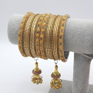 Antique Gold Indian Bangle Set with Latkan Drop Bridesmaid Bridal Stone & Pearl Bangles (Size 2.10)