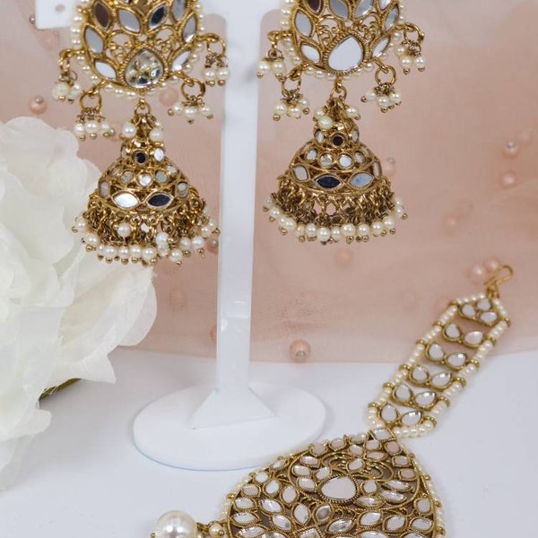 Antique Gold Mirror Jhumki with Oversize Tikka Set, Indian, Pakistani Jewellery.