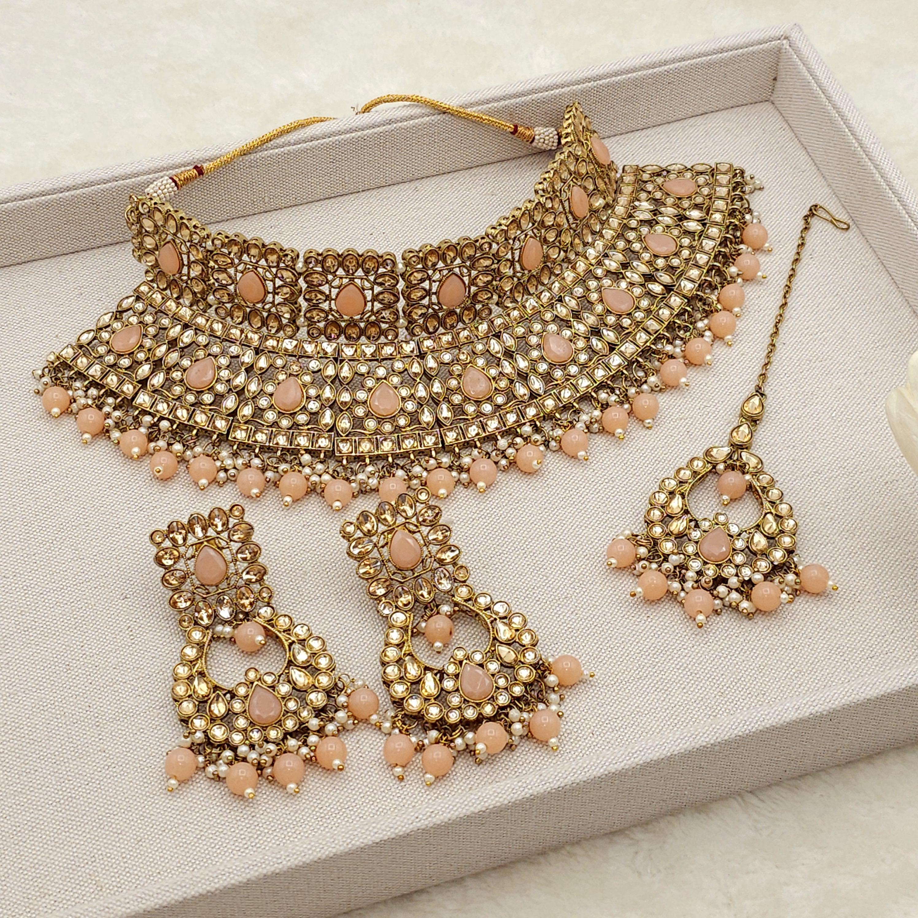 Antique Gold Peach Bridal Choker Necklace Jewellery Set With  display picture 1