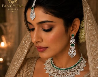 Cz Choker Necklace Set With Earrings And Tikka, American Diamond Indian Bridal Jewelry Bollywood Wedding Bridesmaid Jewellery Gift For Her
