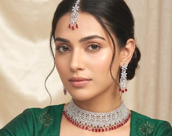 Bridal CZ Choker Necklace Set with Earrings Maang Tikka, Indian Pakistani Wedding Jewellery Set, Statement Necklace, Bridesmaid Jewelry Gift