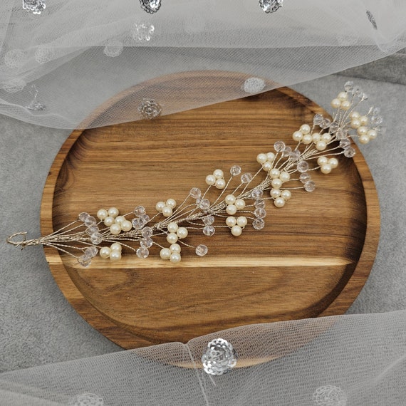 Gold Pearl Hair Vine Bridal Headpiece, Crystal Wedding Hair  display picture 3