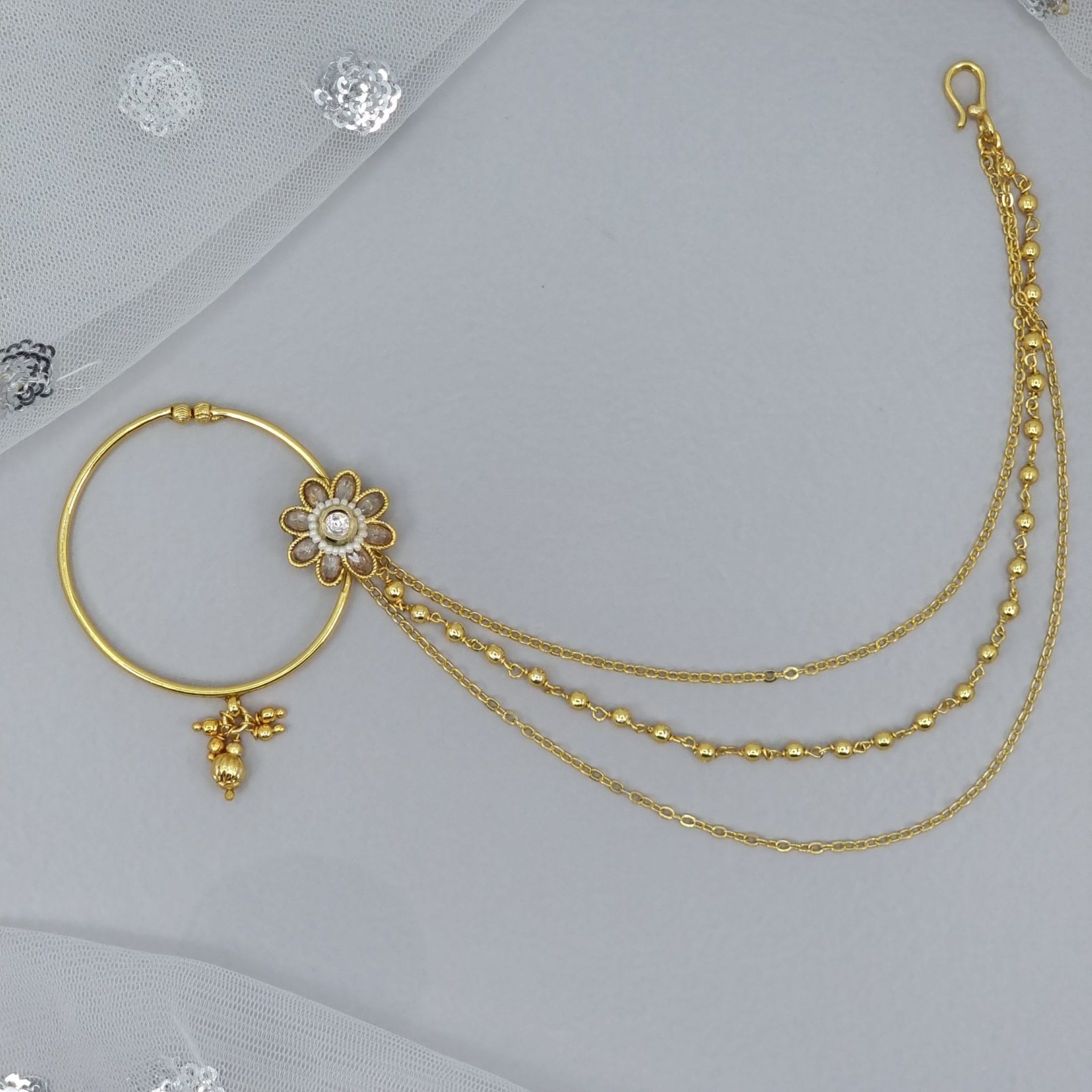 4cm Gold plated Kundan Polki Bridal Nose Ring with Chain for non pierced Nose Hoop Nath Indian Jewellery Pakistani Jewellery