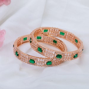 Rose Gold Green CZ Bangle Set Indian bridal American Diamond Jewelry For Women Bride Bridesmaid&#39;s Gifts For Her