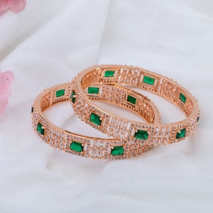 Era- Rose Gold and Emerald Green American Diamond CZ Kangan Bangles, Bangles Set. Bangles,  Indian Jewelry, Pakistani Jewelry