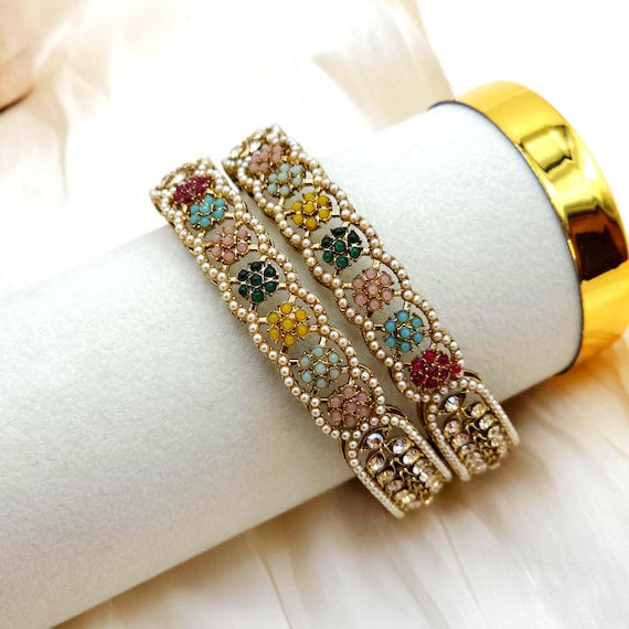 Multicolour Bangle Set Polki Pearl Stone Gold Indian Asian Bridal Churiyan Bangles Bride Bridesmaid Gift For Her Kangan Set Indian Jewellery