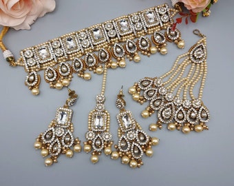 Antique Gold AD Necklace Set, Indian Jewelry, Pakistani Jewelry, Bridal Jewelry,