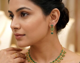 Gold CZ Necklace Set with Earrings, Indian Bridal Jewelry Set, Statement AD Necklace, Pakistani Wedding Jewellery, Bridesmaid Gift for Her