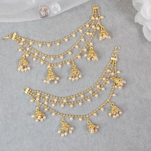 Maya - Gold Plated Polki Ear Chain with Jhumka dangle, Bahubali Kaan chain, Sahara, Indian Pakistani Jewellery