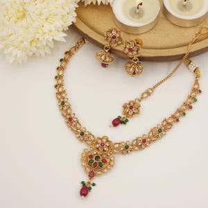 Gold Plated Polki Necklace Set: Jhumki Earrings & Maang Tikka, Indian Bridal Jewelry