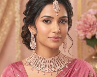Cz Choker Necklace Set With Earrings And Tikka, American Diamond Indian Bridal Jewelry Bollywood Wedding Bridesmaid Jewellery Gift For Her