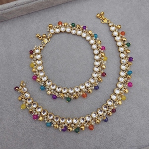 Vergoldete Kundan Perle Fußkettchen mit Glöckchen: Indisches Braut Payal, Jhanjar, südasiatischer Hochzeitsschmuck Indischer Schmuck Brautjungfer Geschenk