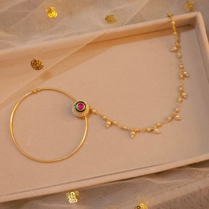 Gold Plated Kundan Bridal Nose Ring with Chain: Non Pierced Nath