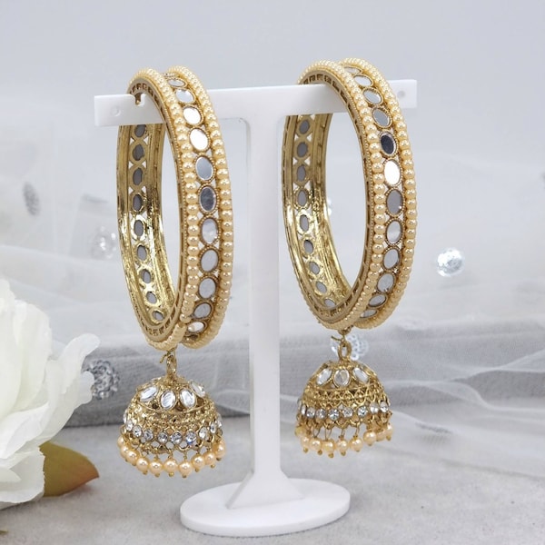 Mehar Lightweight Antique Gold Mirror Jhumki Drop Polki Diamond Indian Asian Bangle Set, Kangan Bangles,  Indian Jewelry