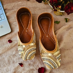 GUL Antique Gold Sequined Khussa,Indian Pakistani Punjabi Jutti, Sandal, Hamdmde Jutti, Shoes, Footwear