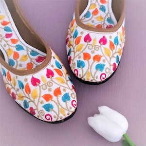 White Thread Embroidered Jutti Shoes: Handmade Indian Bridal Ballerinas