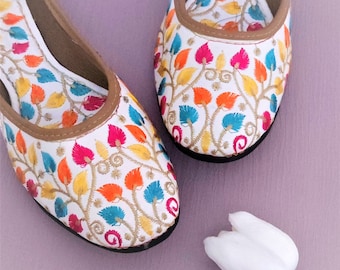 White Thread Embroidered Jutti Shoes: Handmade Indian Bridal Ballerinas