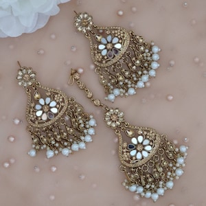Antique Gold Chandbali Earrings and Tikka Set: Indian Wedding Jewelry