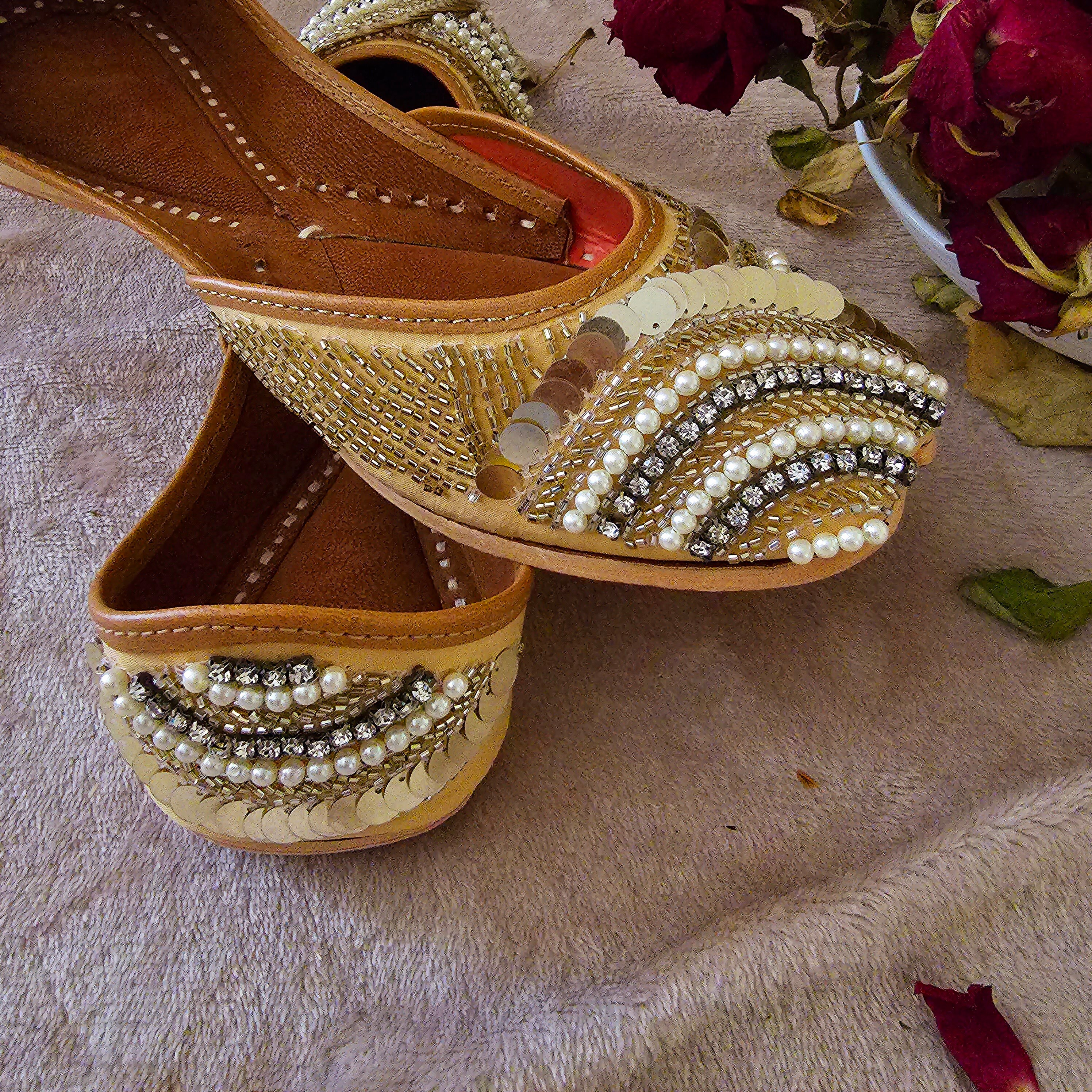 GUL Antique Gold Sequined Khussa,indian Pakistani Punjabi Jutti