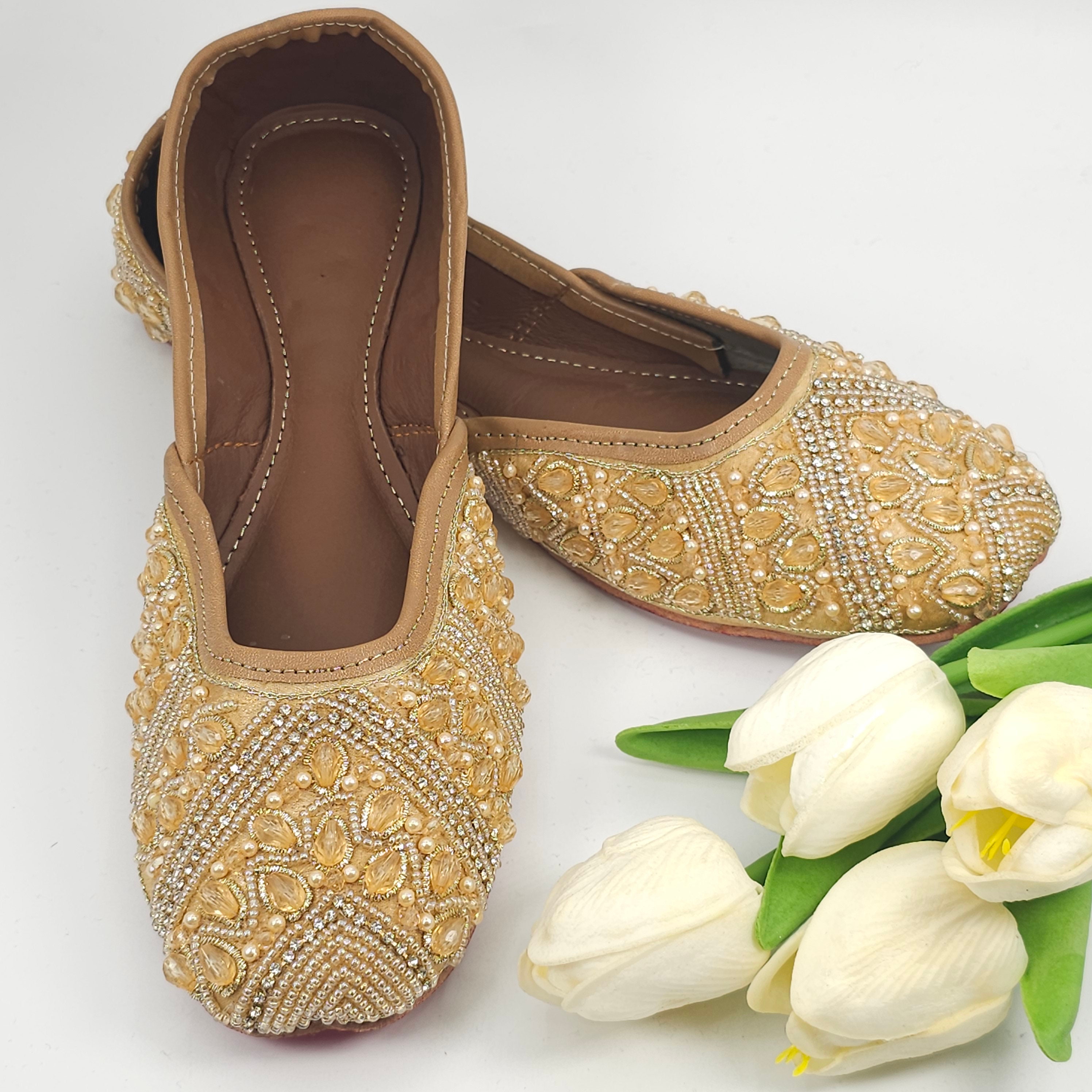 Gold Sequined Khusa Sandal: Handmade Pakistani Jutti Wedding Shoes