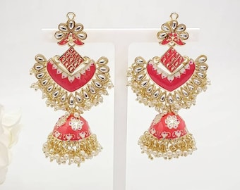 Hand Painted Kundan Jhumka Earrings, Indian Bridal Earrings, Pearl Drop Jhumki, Pakistani Wedding Jewelry, Bridesmaid Earrings Gift for Her