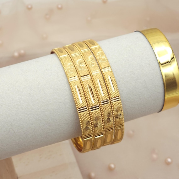 Floral Etched Gold Bangle Set of 4 - Hand-carved Textured Gold