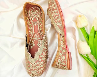 Rose Gold Womens Double Cushion Zari Work Handcrafted Jutti, Indian Shoes, Pakistani Khussa,  Punjabi Jutti, Embroidered Leather Jutti,