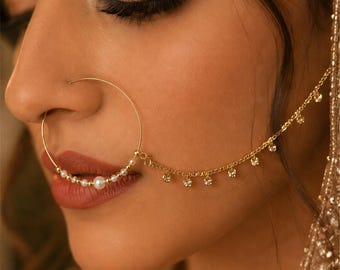 Indian Nose Ring For Bride, Bridal Nose Hoop Chain Bridesmaid's Gifts Clip On Gold Pearl Nath Pakistani Big Nathni Acessories Jewelry