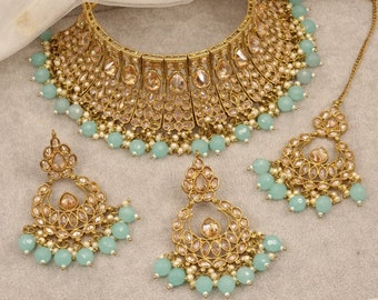 Abha- Antique Gold Choker and Necklace Bridal Set with Earrings and Tikka, Indian Bridal Jewelry, Bridal Jewelry, Pakistani Bridal Jewelry