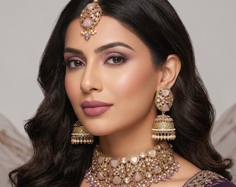 Ensemble ras de cou ancien à pois en or avec boucles d'oreilles Jhumka et Tikka, bijoux de mariée indiens, ensemble de colliers de mariage pakistanais, cadeau bijoux tendance