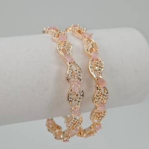 Rose Gold Bangle Set: Pink Stone & Cubic Zirconia Bangles