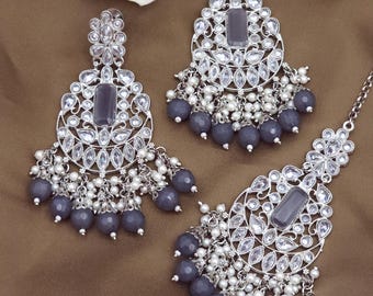 Silver Polki Kundan Tikka Earring Set Indian Bridal Jewelry, Headpiece Tikka Set Bridesmaid Gift Bollywood Jewelry, Wedding Jewellery Gift